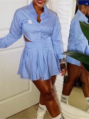 Blue Pinstripe Pleated Skirt Set - Classic